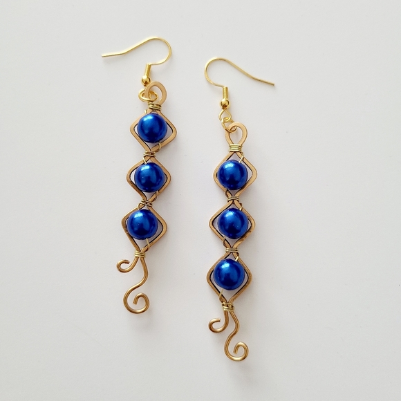 Earrings - Blue Beads Wrapped in Brass - Picture 3 of 4